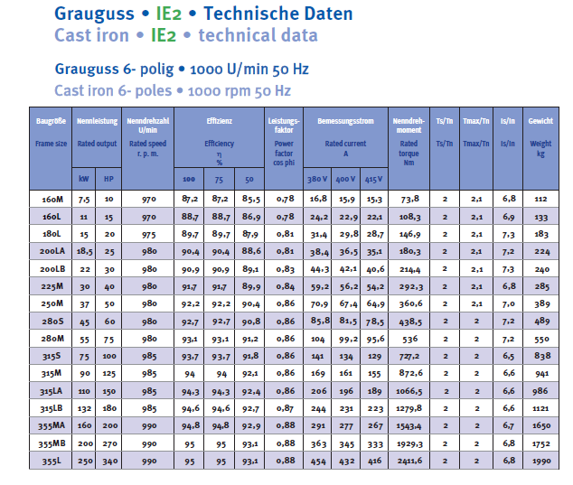 Energiesparmotor 4 - 315 kW, IE2, Grauguss, 8-polig, 750 U/min