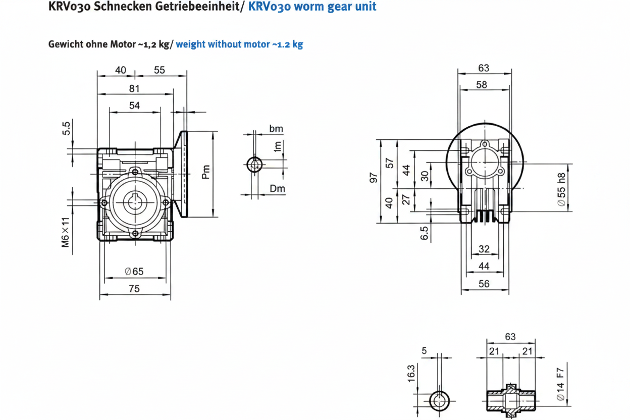 Schneckengetriebe KRV30 / Hohlwelle d= 14 mm