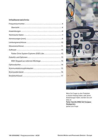 Frequenzumrichter Parker AC20 von 1,5 - 180kW, IP20 mit EMV-Filter