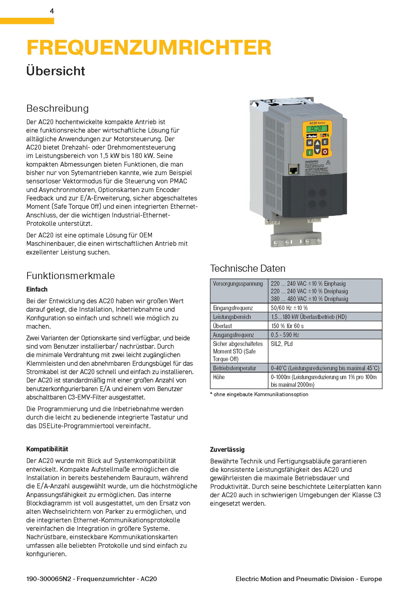 Frequenzumrichter Parker AC20 von 1,5 - 180kW, IP20 mit EMV-Filter