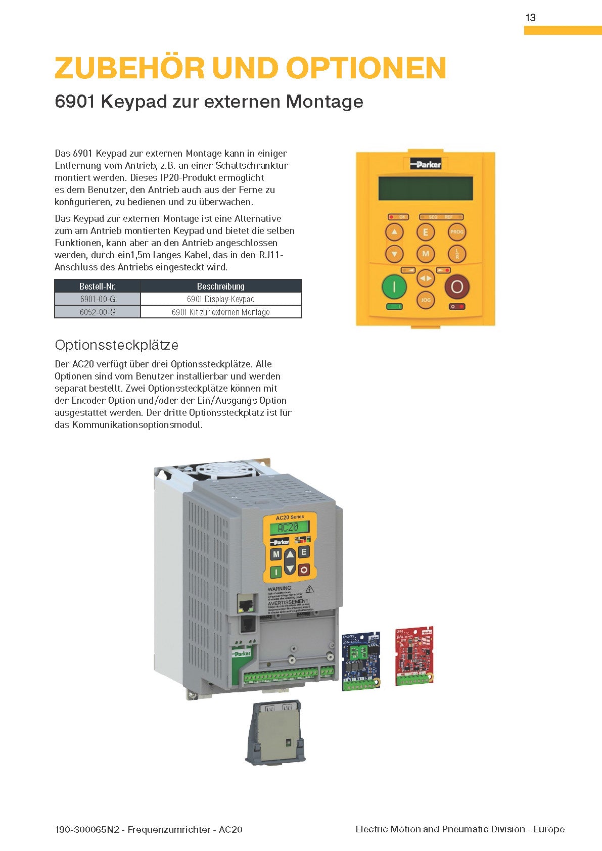 Frequenzumrichter Parker AC20 von 1,5 - 180kW, IP20 mit EMV-Filter