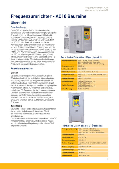 Frequenzumrichter Parker AC10 von 0,2 - 180kW, IP20 mit EMV-Filter