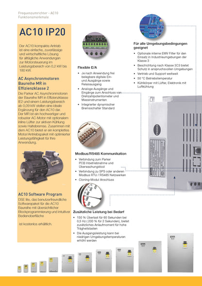 Frequenzumrichter Parker AC10 von 0,2 - 180kW, IP20 mit EMV-Filter