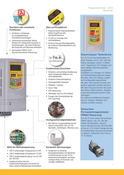 Frequenzumrichter Parker AC10 von 0,2 - 180kW, IP20 mit EMV-Filter