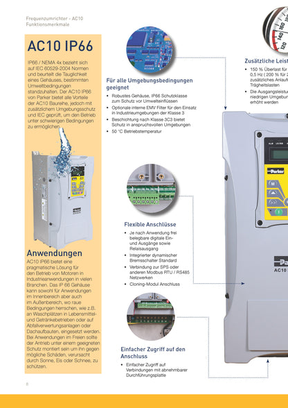 Frequenzumrichter Parker AC10 von 0,2 - 180kW, IP20 mit EMV-Filter