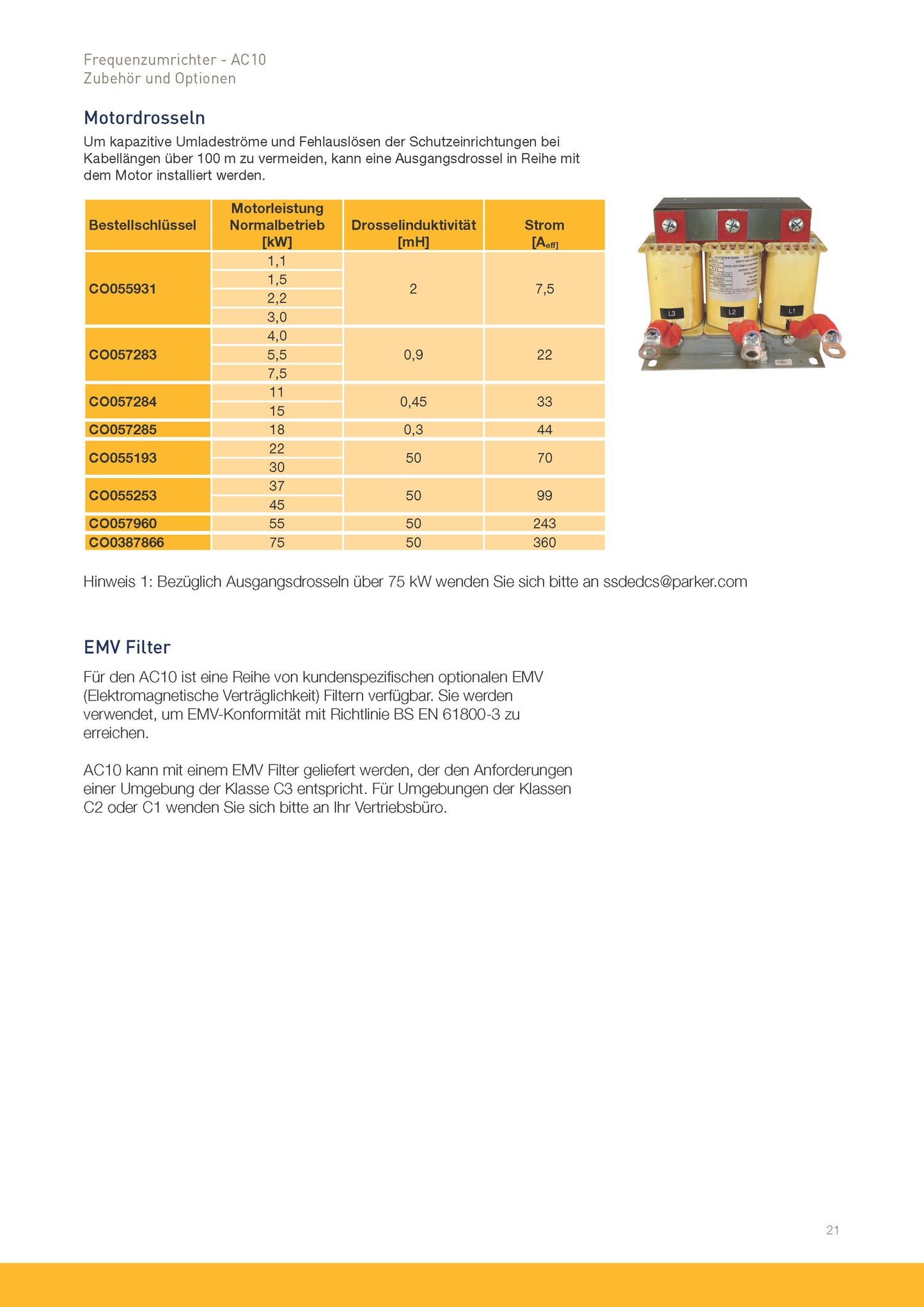 Frequenzumrichter Parker AC10 von 0,2 - 180kW, IP20 mit EMV-Filter