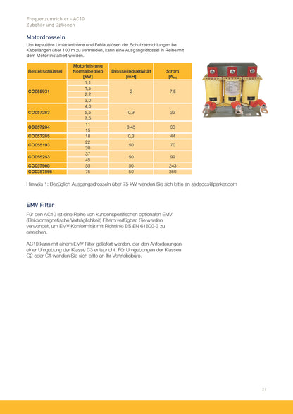 Frequenzumrichter Parker AC10 von 0,2 - 180kW, IP20 mit EMV-Filter