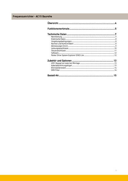 Frequenzumrichter Parker AC15 von 0,37 - 30kW, IP20 mit EMV-Filter