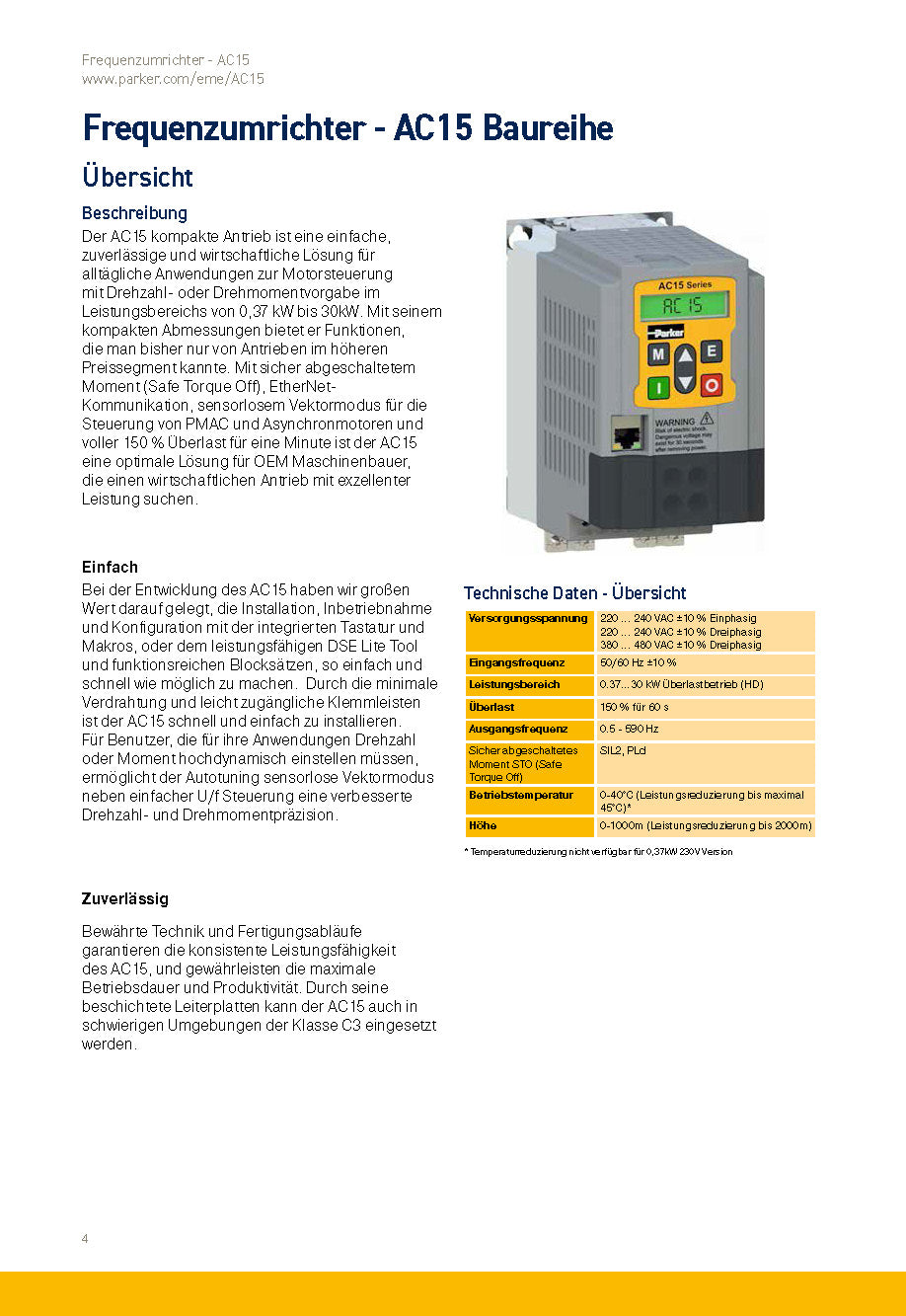 Frequenzumrichter Parker AC15 von 0,37 - 30kW, IP20 mit EMV-Filter