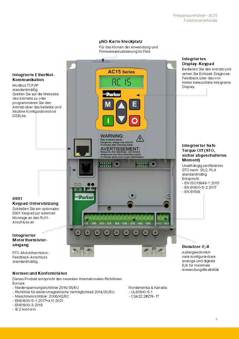Frequenzumrichter Parker AC15 von 0,37 - 30kW, IP20 mit EMV-Filter