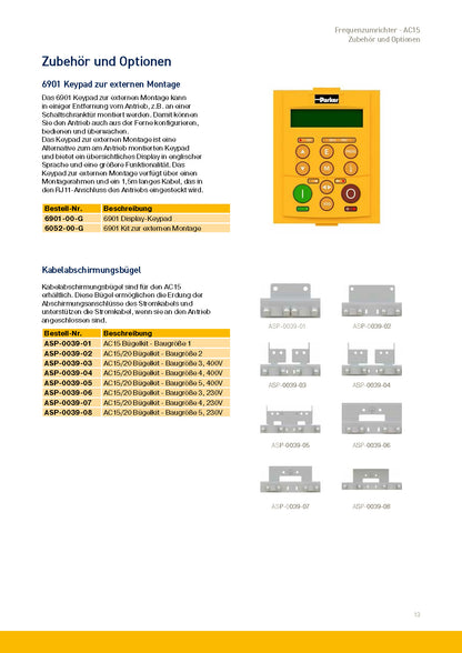 Frequenzumrichter Parker AC15 von 0,37 - 30kW, IP20 mit EMV-Filter
