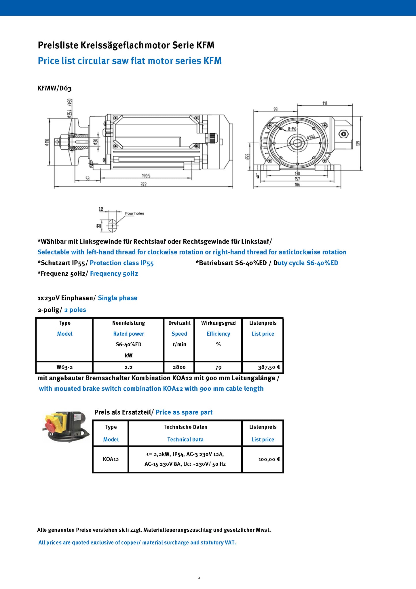 Kreissägenflachmotor, Kreissägenmotor 2,2kW, 3kW, 3000 U/min inkl. Bremsschalter