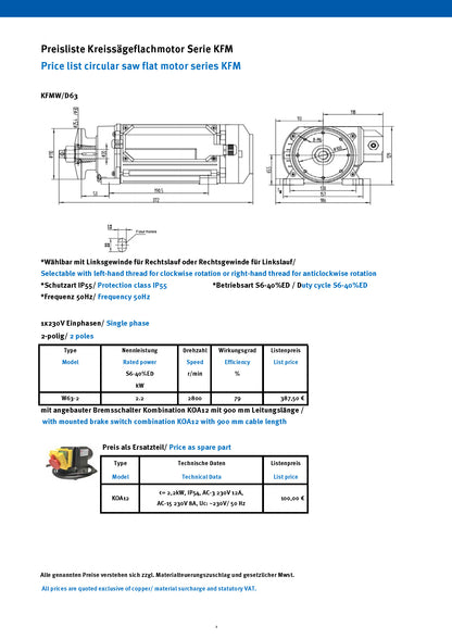 Kreissägenflachmotor, Kreissägenmotor 2,2kW, 3kW, 3000 U/min inkl. Bremsschalter