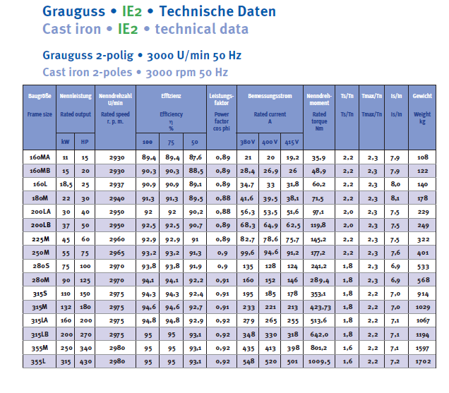 Energiesparmotor 4 - 315 kW, IE2, Grauguss, 8-polig, 750 U/min