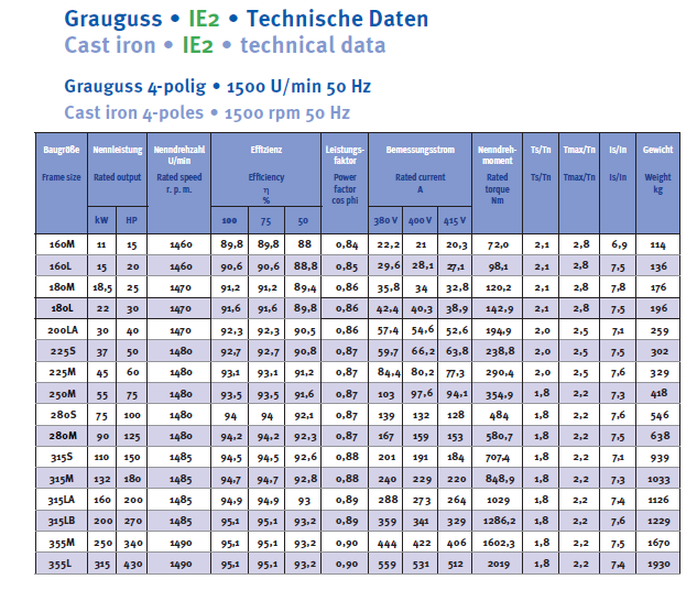 Energiesparmotor 4 - 315 kW, IE2, Grauguss, 8-polig, 750 U/min