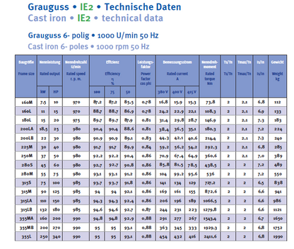 Energiesparmotor 4 - 315 kW, IE2, Grauguss, 8-polig, 750 U/min