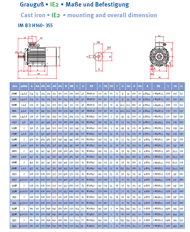 Energiesparmotor 4 - 315 kW, IE2, Grauguss, 8-polig, 750 U/min
