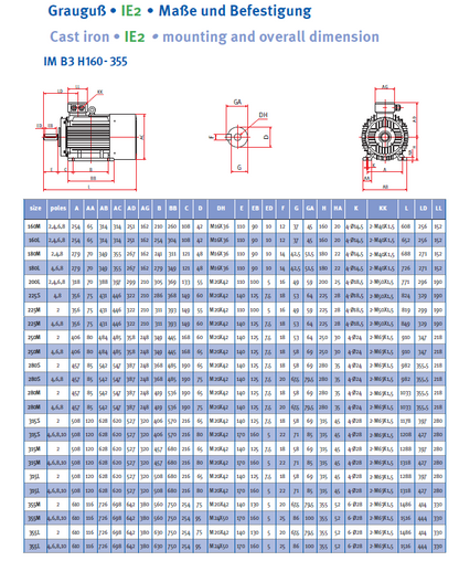Energiesparmotor 4 - 315 kW, IE2, Grauguss, 8-polig, 750 U/min