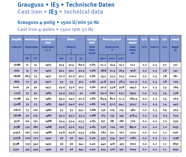Energiesparmotor 11 - 630 kW, IE3, Grauguss, 2-polig, 3000 U/min