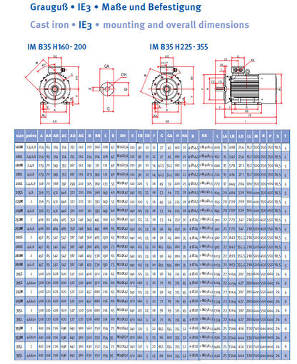 Energiesparmotor 11 - 630 kW, IE3, Grauguss, 2-polig, 3000 U/min