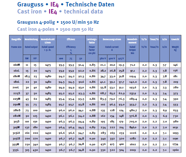 Energiesparmotor 11 - 630 kW, IE4, Grauguss, 2-polig, 3000 U/min