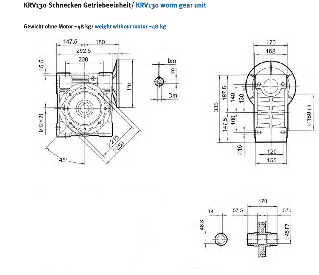Schneckengetriebe KRV130 / Hohlwelle d= 45 mm