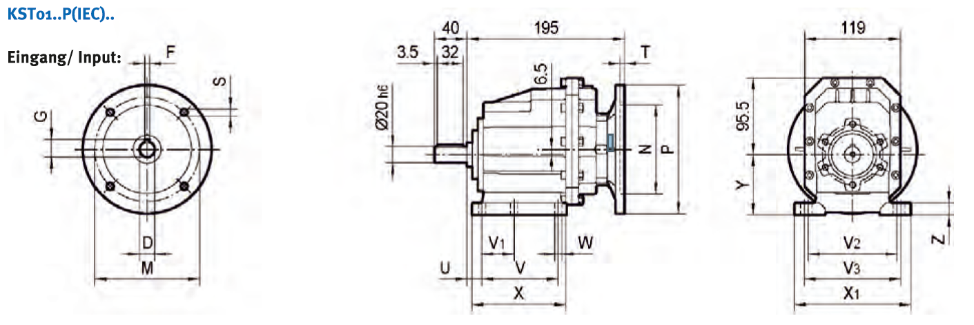 Stirnradgetriebe KST01 9,81 - 3,82 mit Welle d= 20mm Fuß Code B02